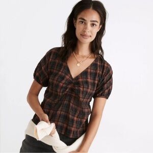 Madewell Black and Brown Plaid V-Neck Blouse